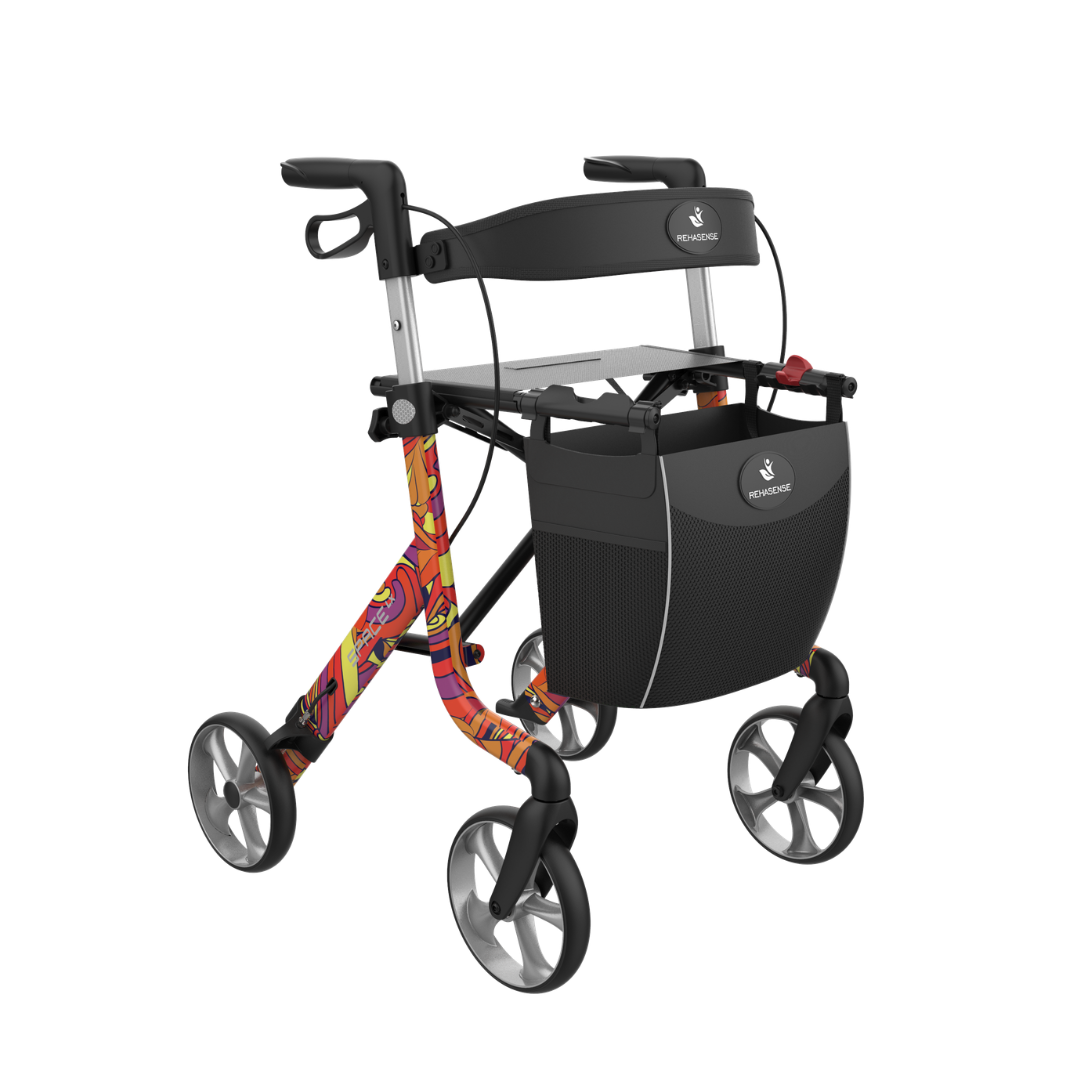 The Rehasense Space LX Art Deco Ultralight Rollator is a stylish black aluminium rollator with four wheels, hand brakes, a patterned frame, built-in seat, and large front storage pouch for modern function and design.