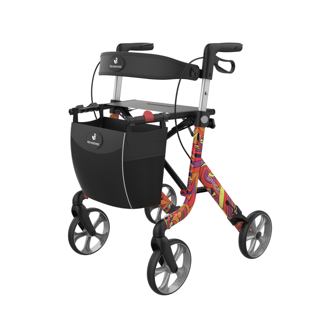 The Rehasense Space LX Art Deco Ultralight Rollator is a four-wheeled, aluminum walker with a stylish patterned frame, ergonomic black handles, and a large front black storage bag for lightweight support and modern design.