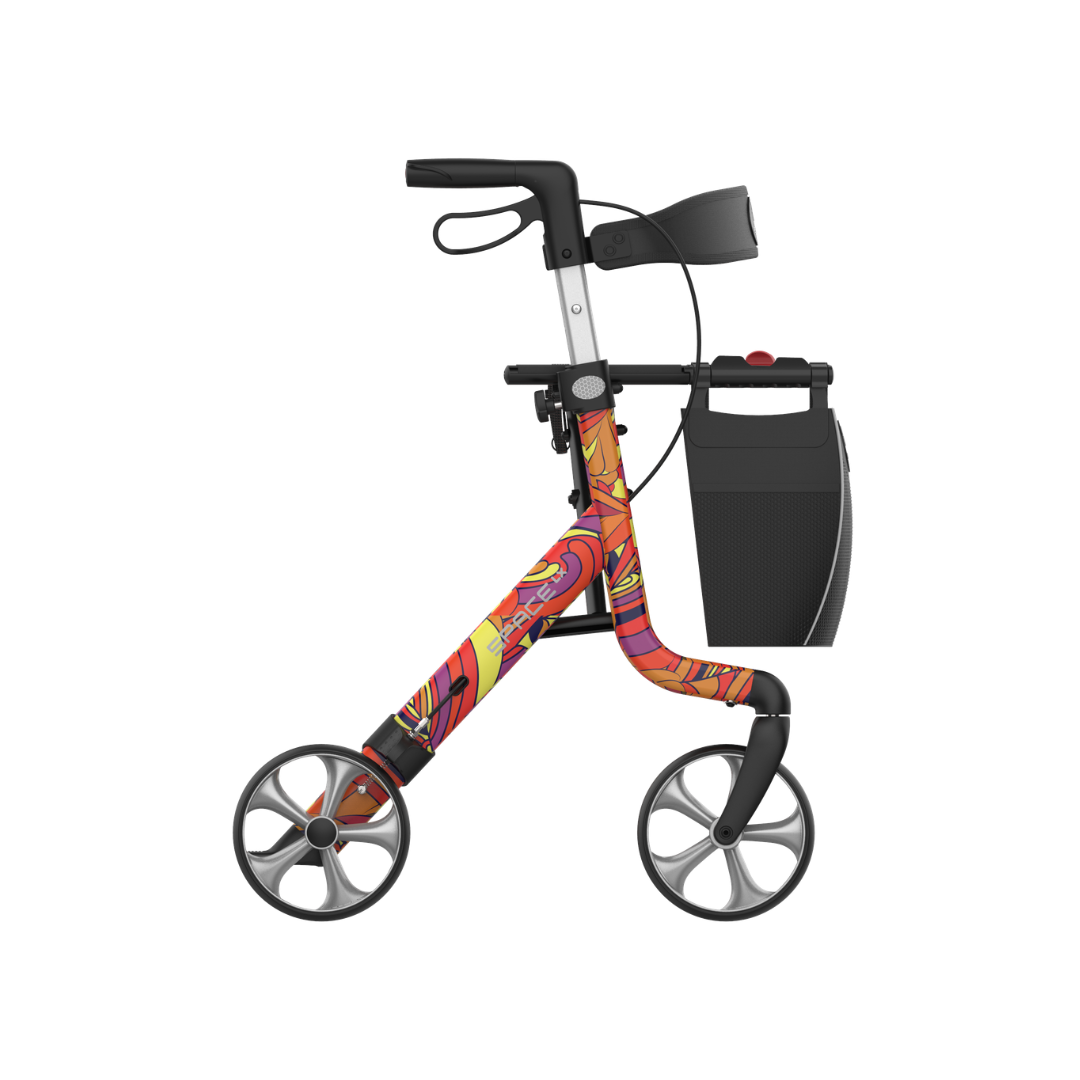 The Rehasense Space LX Art Deco Ultralight Rollator features an aluminium frame, four wheels, black seat, storage bag, hand brakes, and a striking red-orange abstract pattern, displayed against a white background.