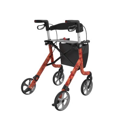 The Rehasense Space LX Art Deco Ultralight Rollator is a red, four-wheeled walker with black handles and seat, a storage pouch under the seat, and large gray wheels.