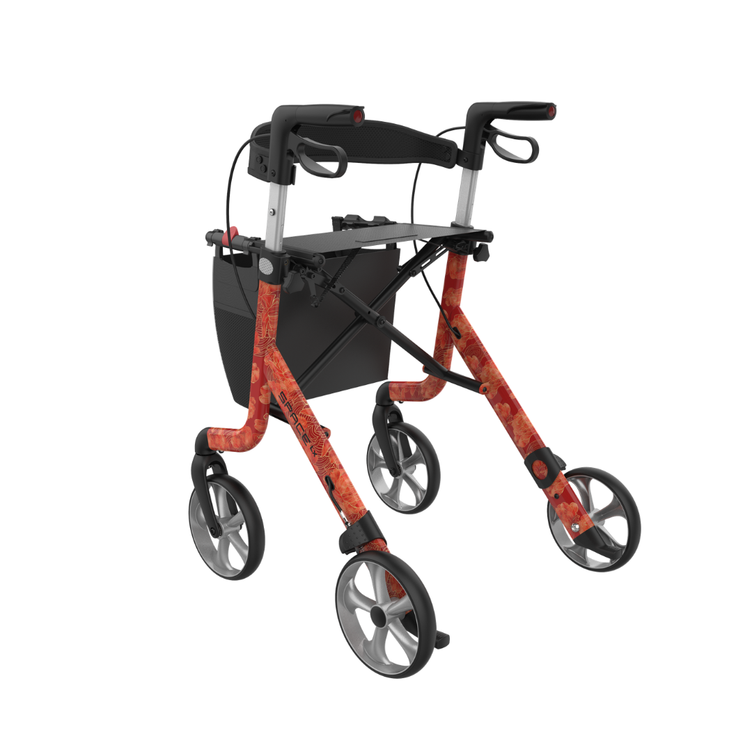 The Rehasense Space LX Art Deco Ultralight Rollator in red and black features four wheels, hand brakes, a lightweight collapsible aluminium frame, a black seat, and a storage pouch beneath the seat, displayed on a white background.