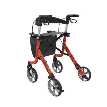 The Rehasense Space LX Art Deco Ultralight Rollator in red and black features four wheels, hand brakes, a lightweight collapsible aluminium frame, a black seat, and a storage pouch beneath the seat, displayed on a white background.