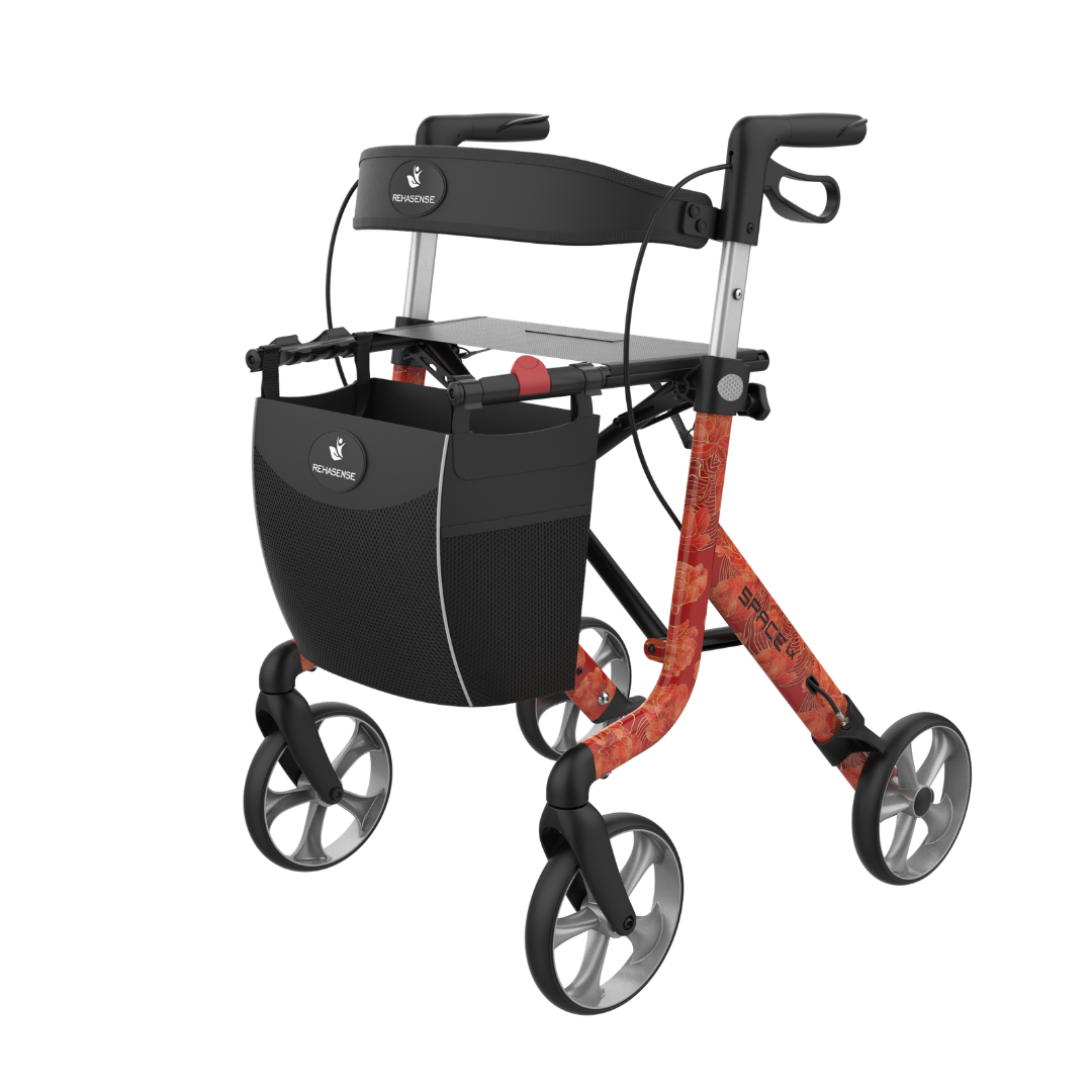 The Rehasense Space LX Art Deco Ultralight Rollator features a red designer frame, four wheels, black seat, hand brakes, and a built-in front storage pouch.