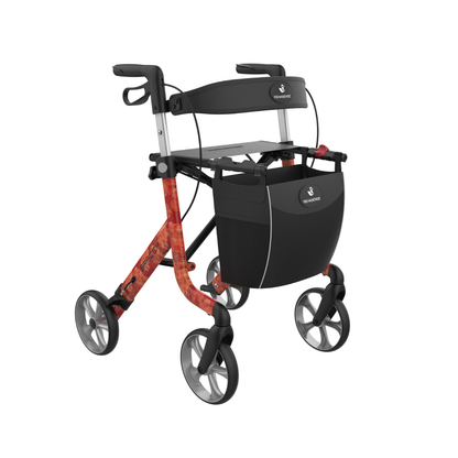 The Rehasense Space LX Art Deco Ultralight Rollator is a lightweight, four-wheeled walker with a red aluminium frame, black handles, seat and backrest, plus a front black mesh storage pouch and large gray wheels for easy maneuverability.