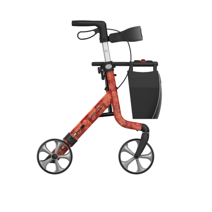 The Rehasense Space LX Art Deco Ultralight Rollator features a red-orange marbled aluminium frame, black handles, a black storage bag, four large wheels, and a lightweight, modern design.