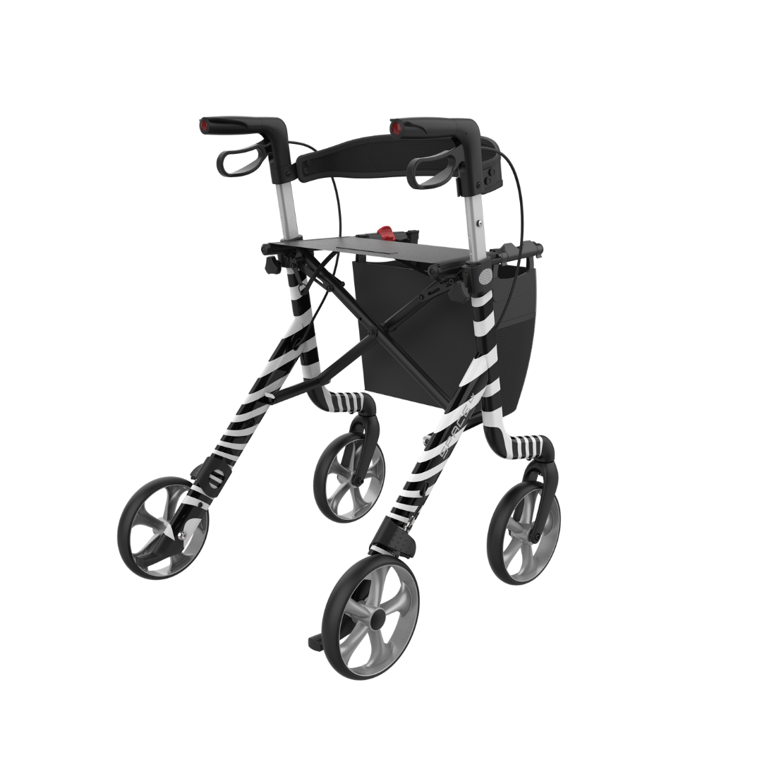 The Rehasense Space LX Art Deco Ultralight Rollator features a lightweight black and white striped aluminum frame, four wheels, hand brakes, a black seat, and a storage pouch underneath.