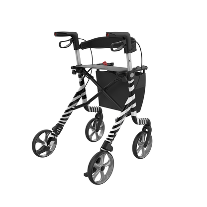 The Rehasense Space LX Art Deco Ultralight Rollator features a lightweight black and white striped aluminum frame, four wheels, hand brakes, a black seat, and a storage pouch underneath.