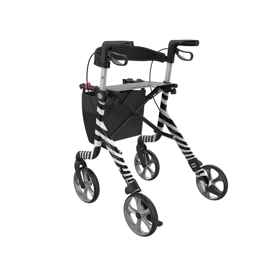The Rehasense Space LX Art Deco Ultralight Rollator features a black and white zebra-striped design, four wheels, hand brakes, a storage pouch, and a seat, shown on a white background.