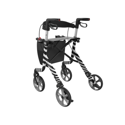 The Rehasense Space LX Art Deco Ultralight Rollator features a black and white zebra-striped design, four wheels, hand brakes, a storage pouch, and a seat, shown on a white background.