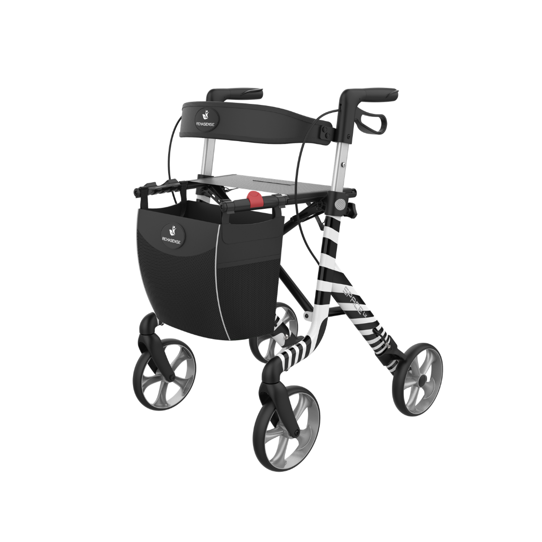 The Rehasense Space LX Art Deco Ultralight Rollator is a modern black and white four-wheeled rollator with ergonomic handles, a front storage bag, and a lightweight aluminium frame featuring diagonal striped leg patterns.