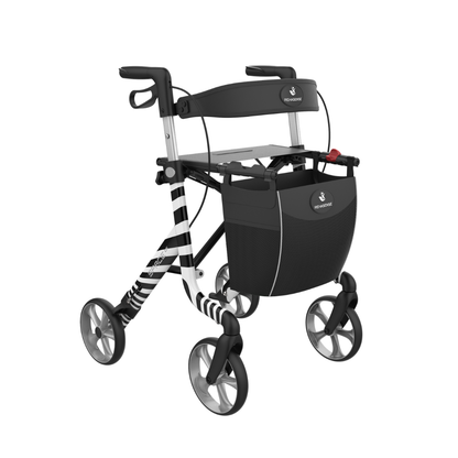 The Rehasense Space LX Art Deco Ultralight Rollator is a black and white aluminium rollator with four wheels, ergonomic handles, front storage bag, and striped frame detailing.