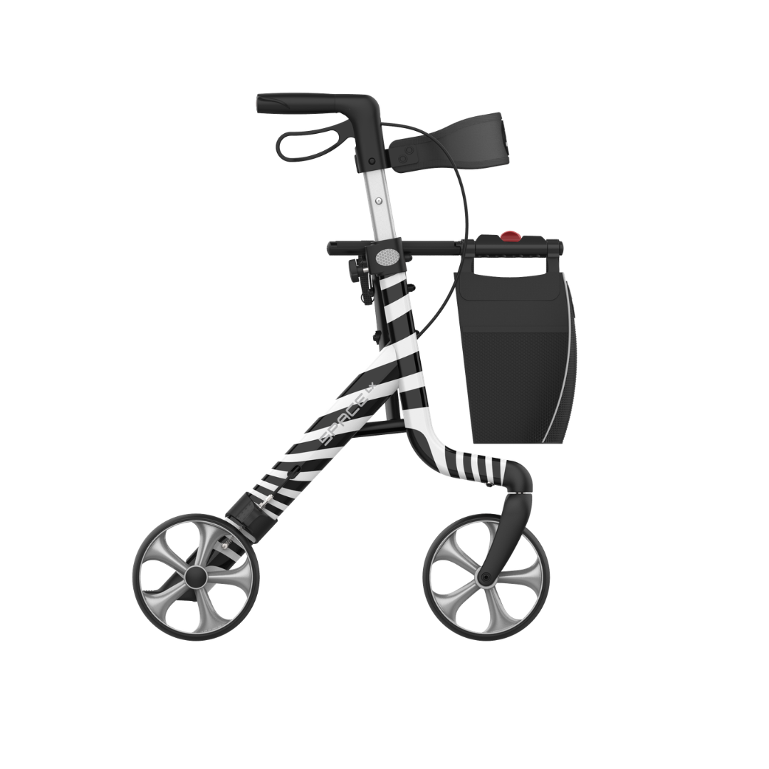 The Rehasense Space LX Art Deco Ultralight Rollator features a black and white striped aluminum frame, large wheels, hand brakes, and a black front storage bag. Set against a white background.