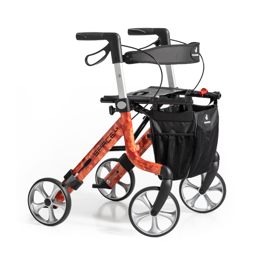 The Rehasense Space LX Art Deco Ultralight Rollator has a woodgrain frame, four large wheels, ergonomic handles, hand brakes, and a black mesh storage bag at the front.