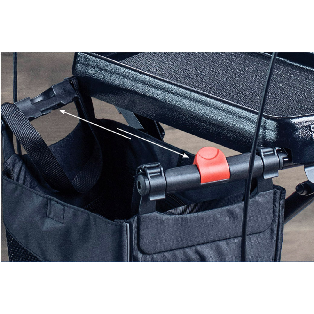 Close-up of a black fabric storage bag attached to the Rehasense Spark LX Ultralight Rollator, featuring a red button and black straps secured to the lightweight aluminum frame. White arrows indicate attachment points for this mobility aid.