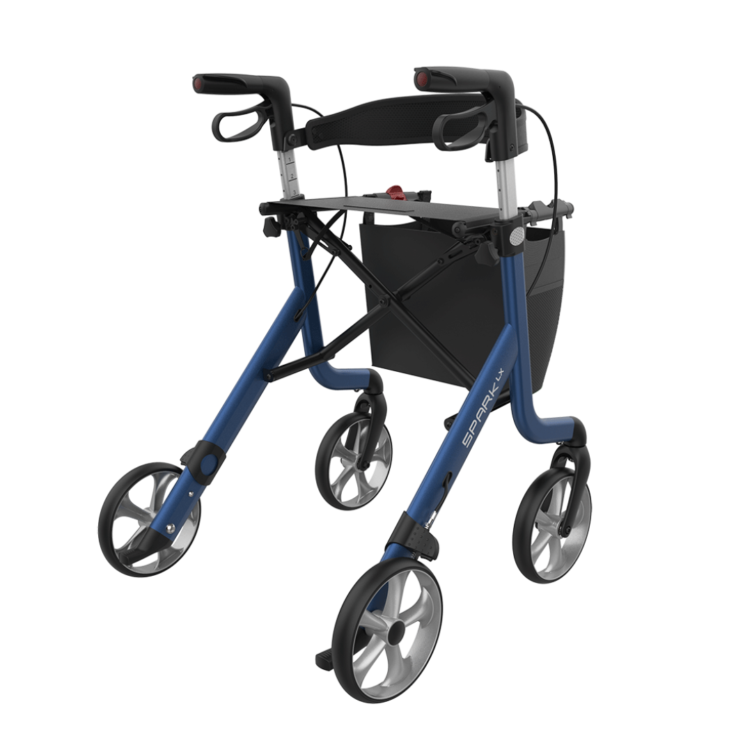 The Rehasense Spark LX Ultralight Rollator is a blue, four-wheeled, lightweight aluminum rollator with a black seat, hand brakes, and under-seat storage pouch. Its large wheels ensure easy mobility and excellent maneuverability.