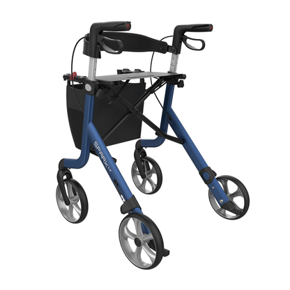 The Rehasense Spark LX Ultralight Rollator is a blue, four-wheeled aluminum walker featuring a black seat, storage pouch, ergonomic handles, and large wheels—providing ideal support for daily mobility needs.