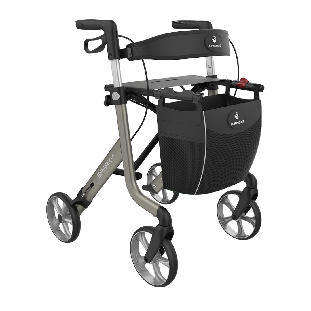 The Rehasense Spark LX Ultralight Rollator is a sleek black-and-silver mobility aid with an aluminum frame, four wheels, ergonomic handles, a seat with backrest, and a detachable front storage bag.