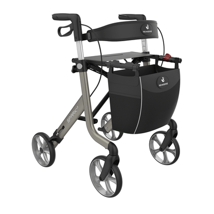 The Rehasense Spark LX Ultralight Rollator is a sleek black-and-silver mobility aid with an aluminum frame, four wheels, ergonomic handles, a seat with backrest, and a detachable front storage bag.