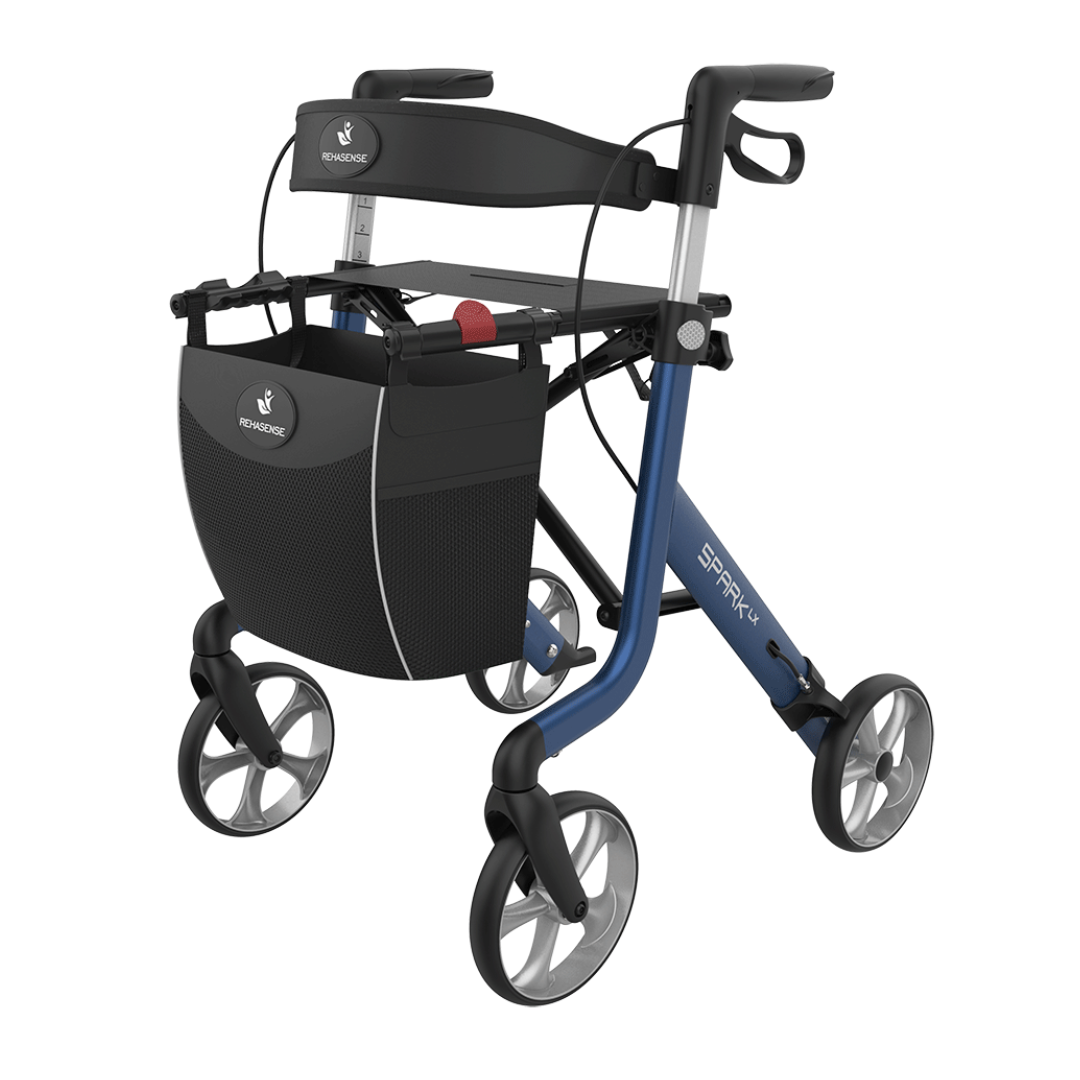 The Rehasense Spark LX Ultralight Rollator is a blue and black mobility walker with four wheels, a seat, handle brakes, and a front storage bag—crafted from lightweight aluminum for reliable walking support.