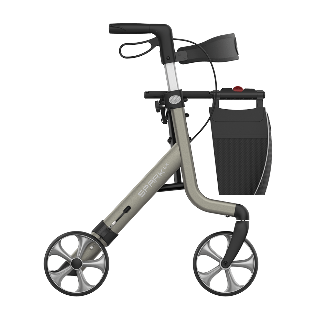 The Rehasense Spark LX Ultralight Rollator features a modern aluminum frame, four large wheels, handlebar brakes, a textured seat, and a detachable storage bag—an ideal mobility solution. “SPARK LX Rollator” is displayed on the side.