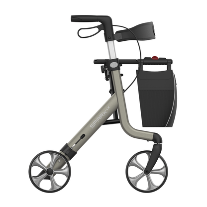 The Rehasense Spark LX Ultralight Rollator features a modern aluminum frame, four large wheels, handlebar brakes, a textured seat, and a detachable storage bag—an ideal mobility solution. “SPARK LX Rollator” is displayed on the side.