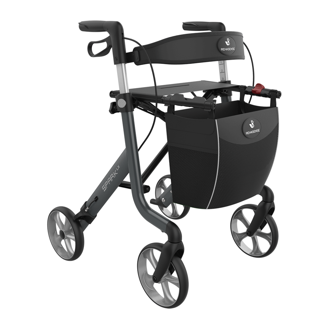 The Rehasense Spark LX Ultralight Rollator is a sleek black and grey mobility aid with four large wheels, ergonomic handles, a built-in seat, and a front mesh storage bag.