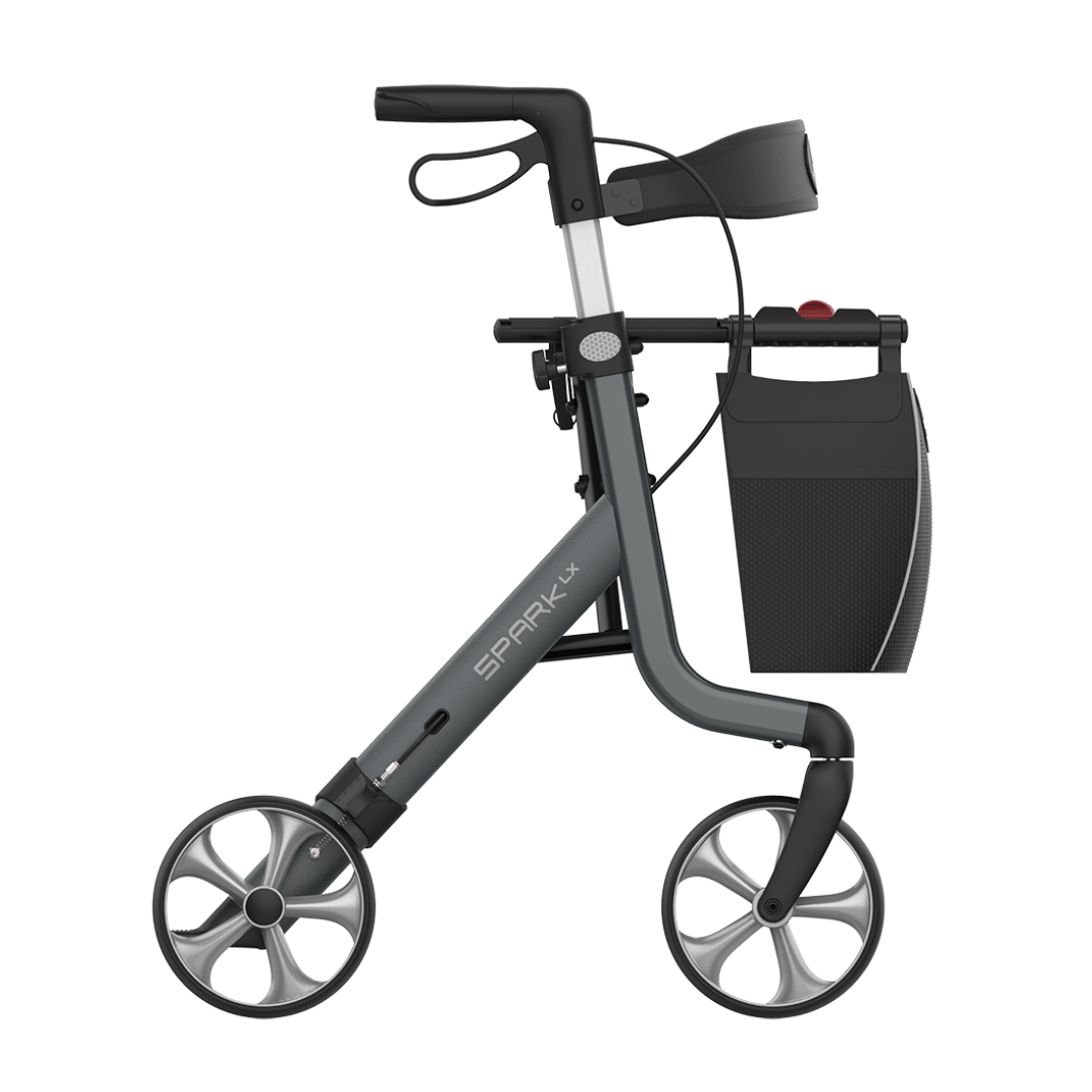 The Rehasense Spark LX Ultralight Rollator features a lightweight aluminum frame, four large wheels, ergonomic handles, and a detachable storage bag—offering sturdy and modern mobility support.