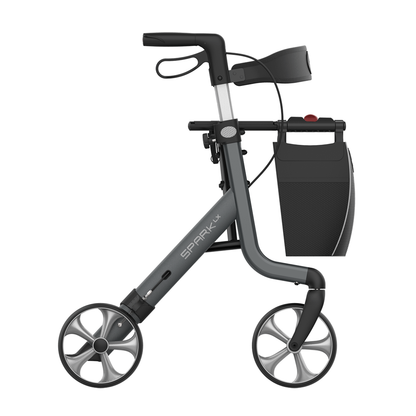 The Rehasense Spark LX Ultralight Rollator features a lightweight aluminum frame, four large wheels, ergonomic handles, and a detachable storage bag—offering sturdy and modern mobility support.