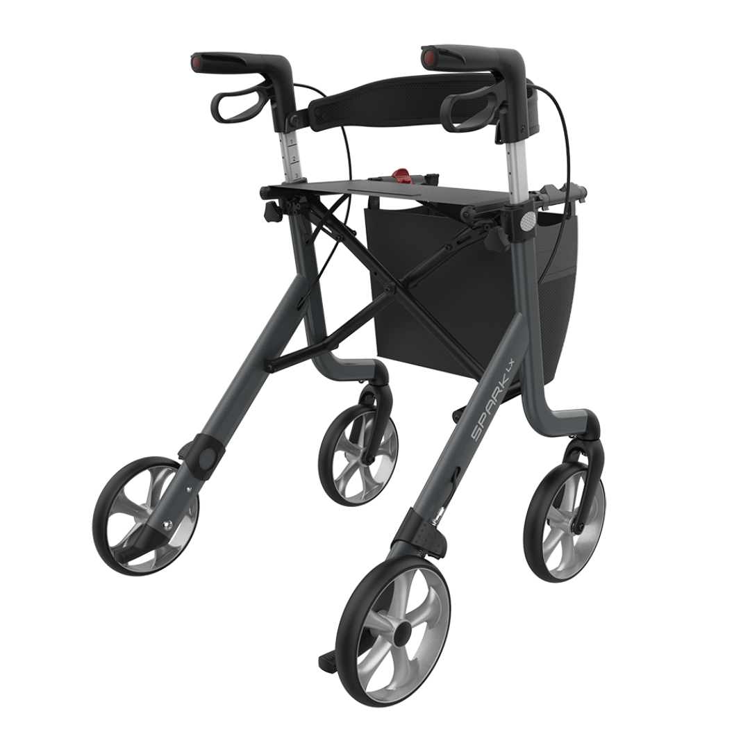 The Rehasense Spark LX Ultralight Rollator features an aluminum frame, ergonomic handles, a storage bag, and large wheels for stable and easy mobility.