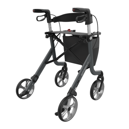 The Rehasense Spark LX Ultralight Rollator features an aluminum frame, ergonomic handles, a storage bag, and large wheels for stable and easy mobility.