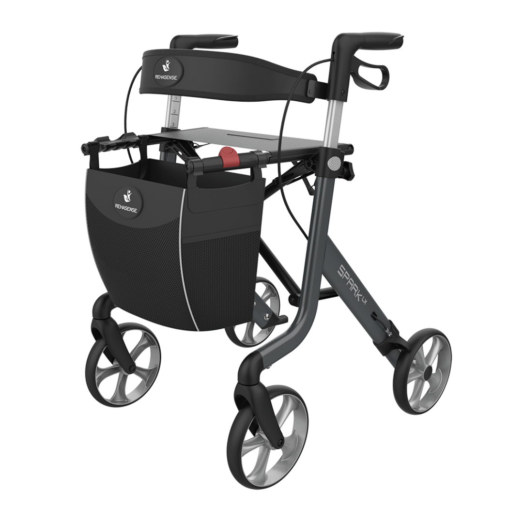 The Rehasense Spark LX Ultralight Rollator is a lightweight aluminum rollator in black and silver, featuring ergonomic handles, a storage bag, seat, and backrest for comfortable and supportive mobility.