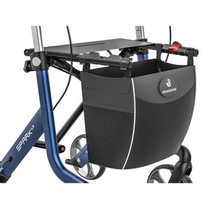 A close-up of the blue Rehasense Spark LX Ultralight Rollator highlights its black mesh storage basket attached to the lightweight aluminum frame and shows part of its four wheels.