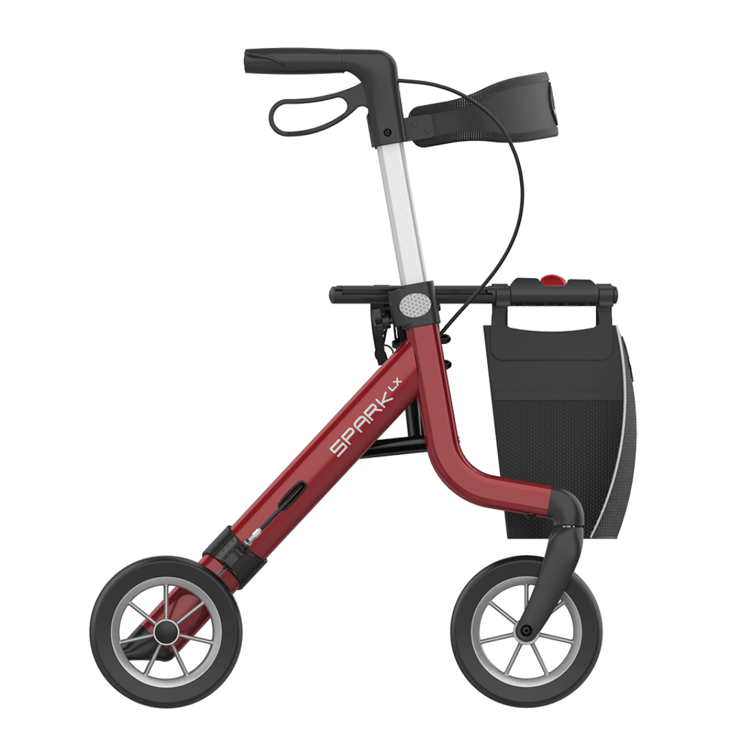 The Rehasense Spark LX Ultralight Rollator is a red and black aluminum rollator with four wheels, handlebar, hand brake, and a mesh storage bag under the seat—an ideal mobility aid labeled SPARK on the frame.