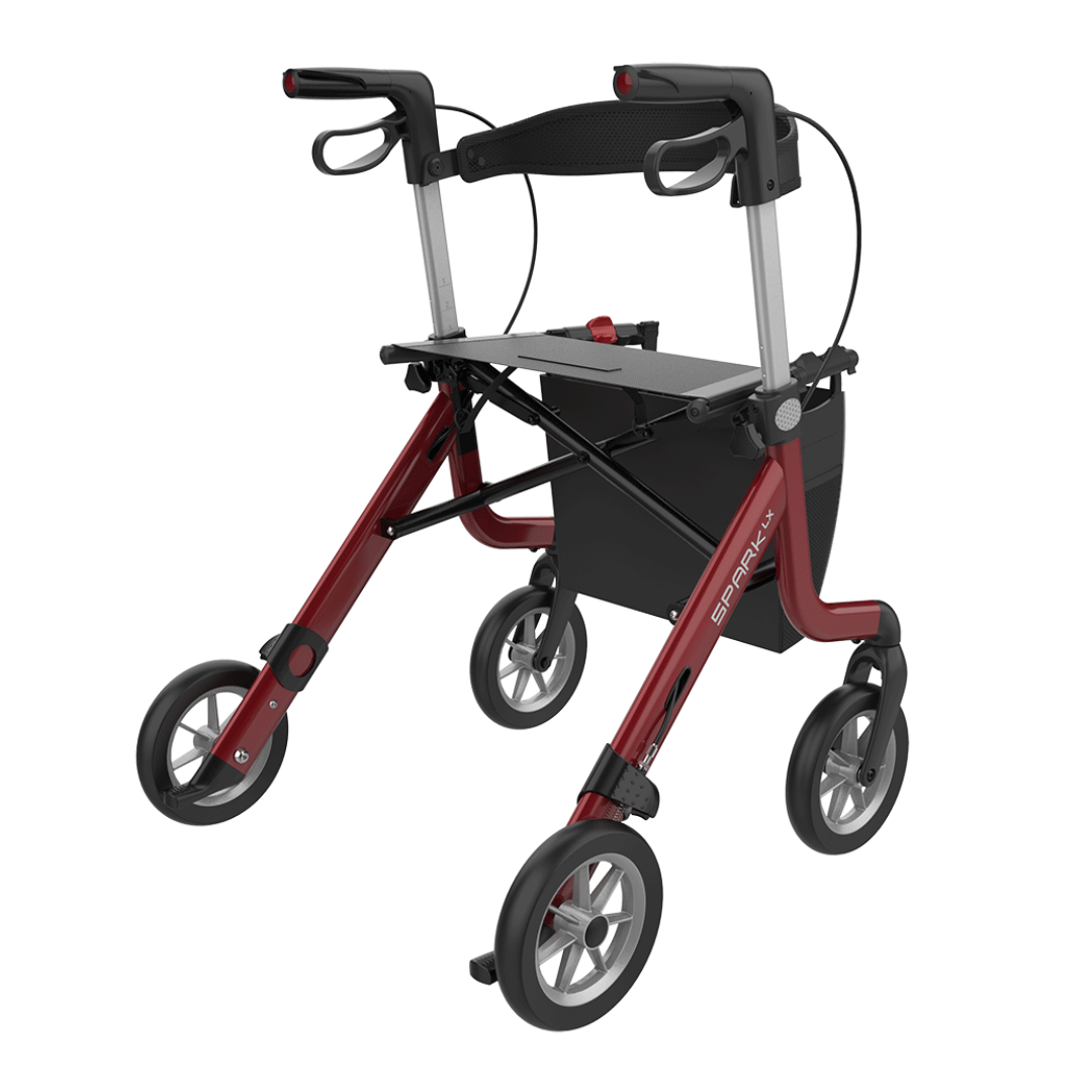 The Rehasense Spark LX Ultralight Rollator is a modern red and black four-wheel aluminum rollator featuring ergonomic handles, a built-in seat, and storage beneath the seat—ideal for enhanced mobility.
