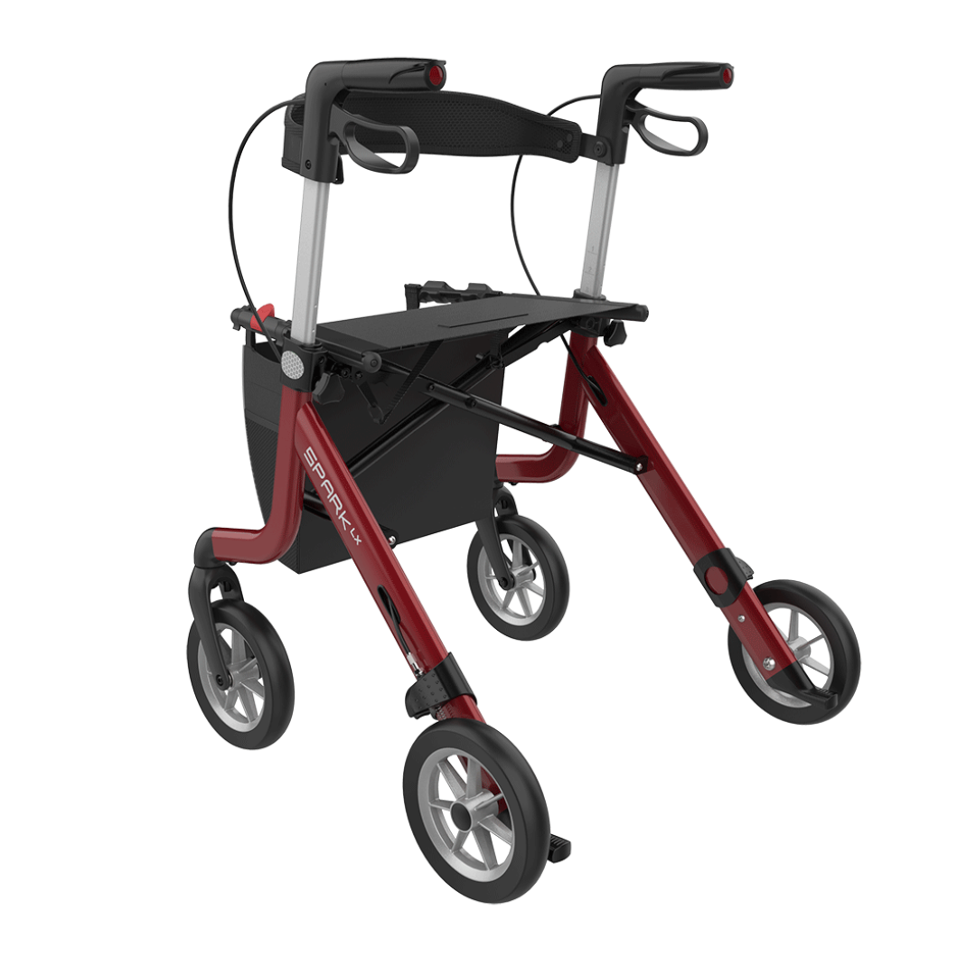 The Rehasense Spark LX Ultralight Rollator is a red and black aluminum rollator with four wheels, hand brakes, a seat, and a storage pouch beneath—lightweight and ideal for daily mobility needs.
