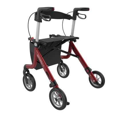 The Rehasense Spark LX Ultralight Rollator is a red and black aluminum rollator with four wheels, hand brakes, a seat, and a storage pouch beneath—lightweight and ideal for daily mobility needs.