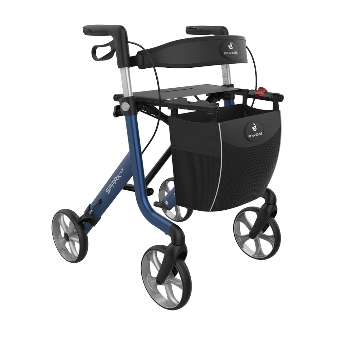 The Rehasense Spark LX Ultralight Rollator is a blue and black four-wheel, lightweight aluminum walker featuring a cushioned seat, backrest, and front storage bag—an ideal mobility solution.