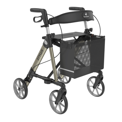 The Rehasense Stylus Premium Indoor & Outdoor Rollator is a lightweight, four-wheeled walker with hand brakes, padded seat, and black mesh basket for carrying items—ideal for both indoor and outdoor use.