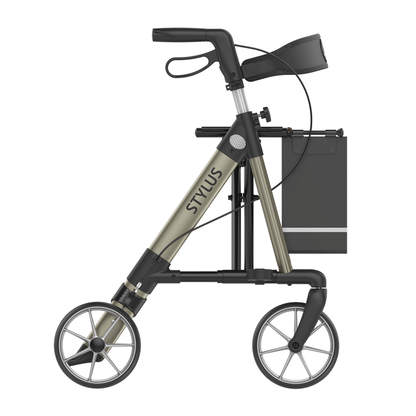 The Rehasense Stylus Premium Indoor & Outdoor Rollator features a lightweight design, large front and small rear wheels, black handlebar with hand brake, and a black storage bag attached to the frame—ideal for indoor and outdoor use.