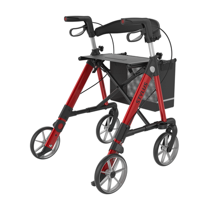 The Rehasense Stylus Premium Indoor & Outdoor Rollator features four large wheels, ergonomic handles with brakes, a black mesh seat, and storage underneath—perfect for versatile mobility support indoors and outdoors.