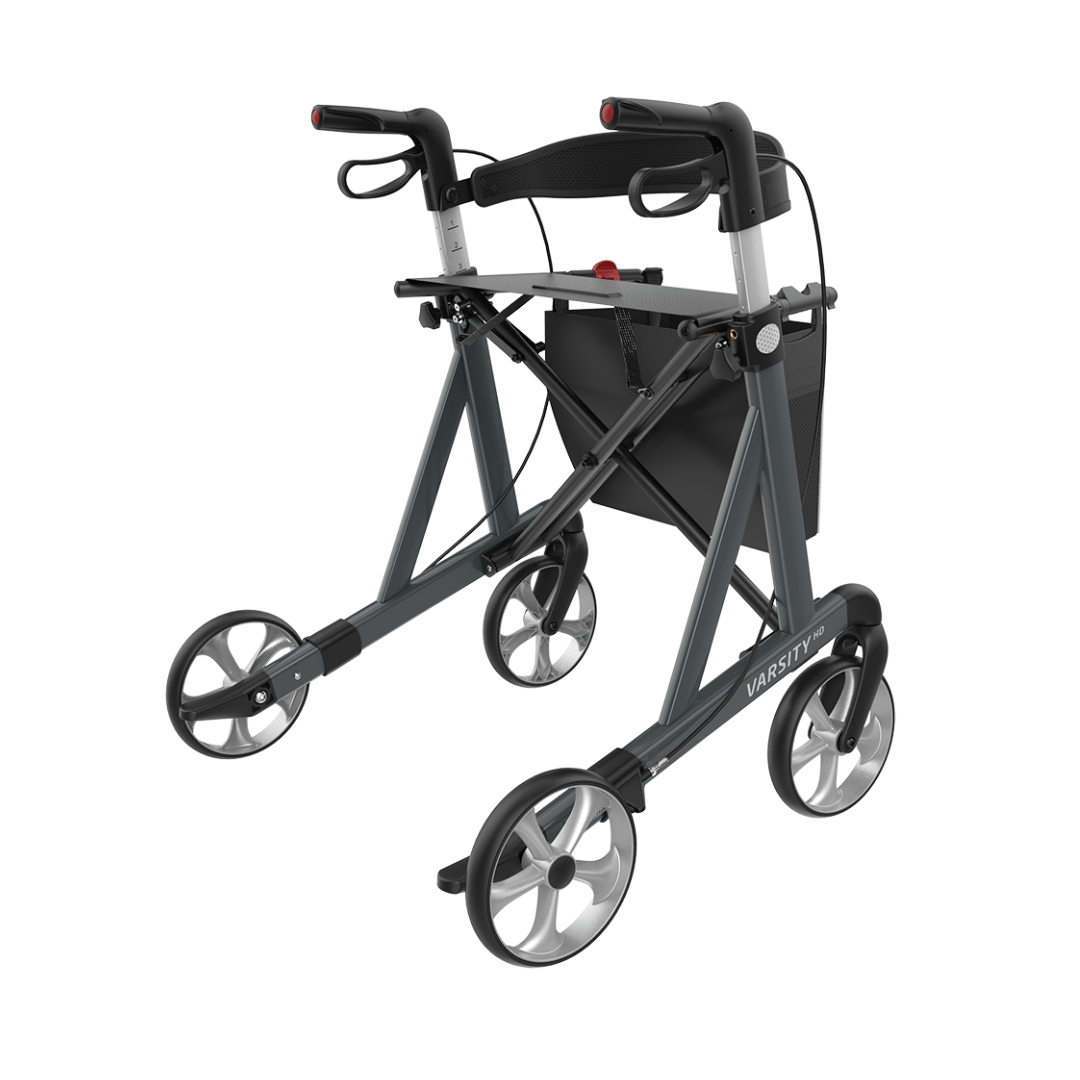 The Rehasense Varsity HD XL Bariatric Lightweight Rollator features a gray frame with black and red accents, four large wheels, hand brakes, a black seat, a storage pouch, and a compact foldable design for reliable mobility assistance.
