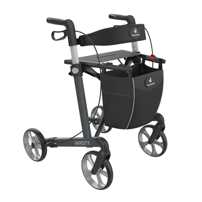The Rehasense Varsity Folding Aluminum Rollator is a modern black and gray walker with four wheels, hand brakes, a storage bag, a seat, and features the Medline logo.