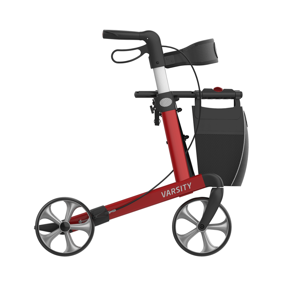 The Rehasense Varsity Folding Aluminum Rollator is a modern red and black mobility aid with four large wheels, ergonomic handles with hand brakes, and a black storage bag attached to its lightweight frame.