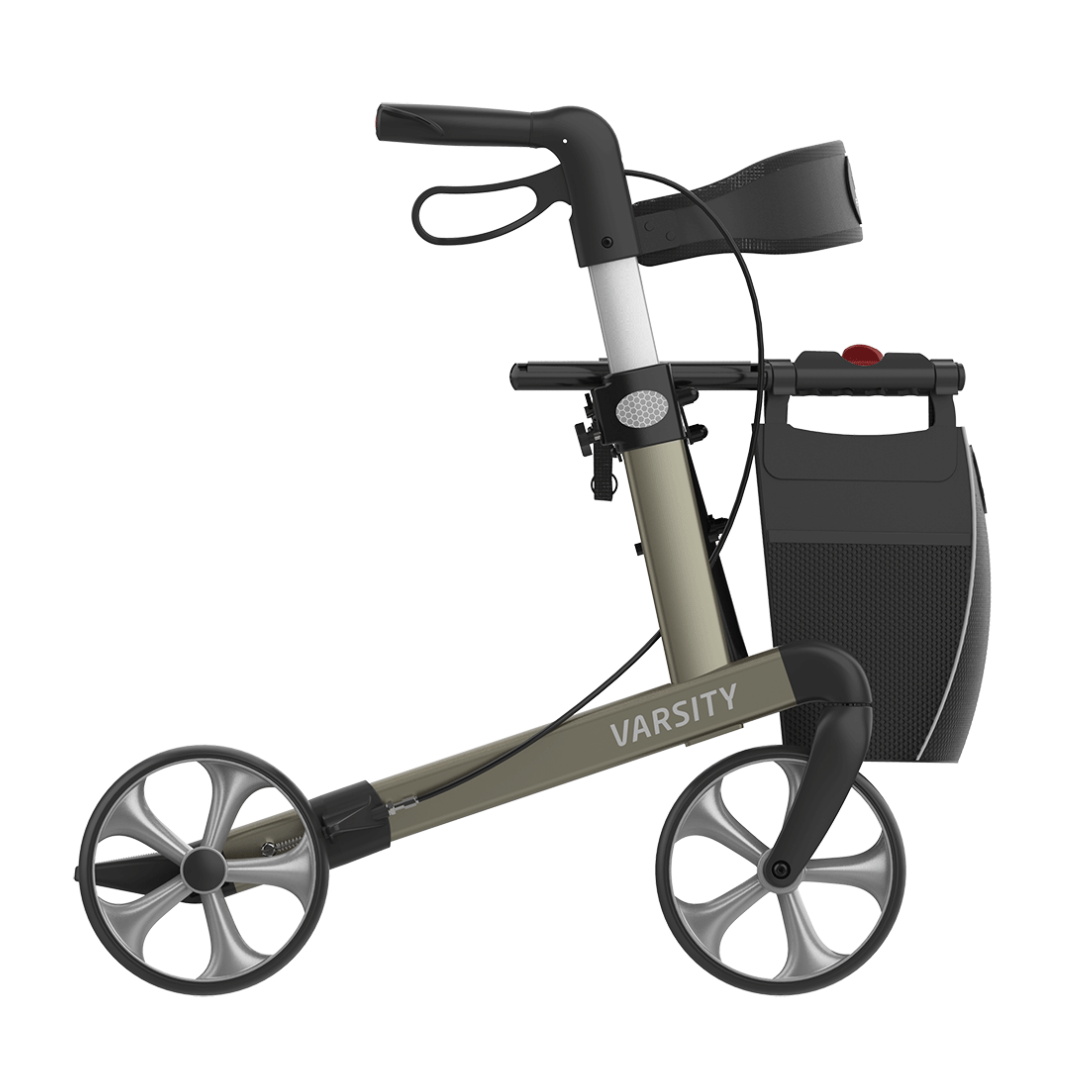 The Rehasense Varsity Folding Aluminum Rollator features a lightweight frame, large wheels, ergonomic handles, brake lever, and a detachable front basket for convenience.