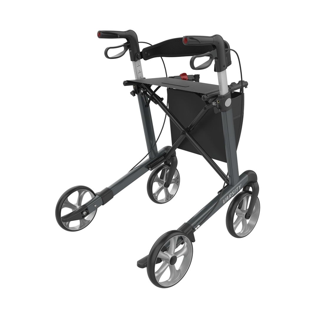 The Rehasense Varsity Folding Aluminum Rollator is a lightweight, gray four-wheel walker with handlebars, hand brakes, and a black storage pouch under the seat for easy mobility and durability in daily use.