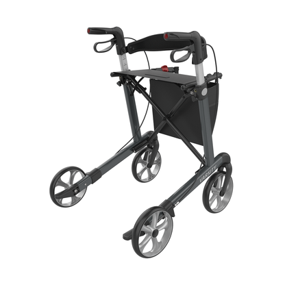 The Rehasense Varsity Folding Aluminum Rollator is a lightweight, gray four-wheel walker with handlebars, hand brakes, and a black storage pouch under the seat for easy mobility and durability in daily use.