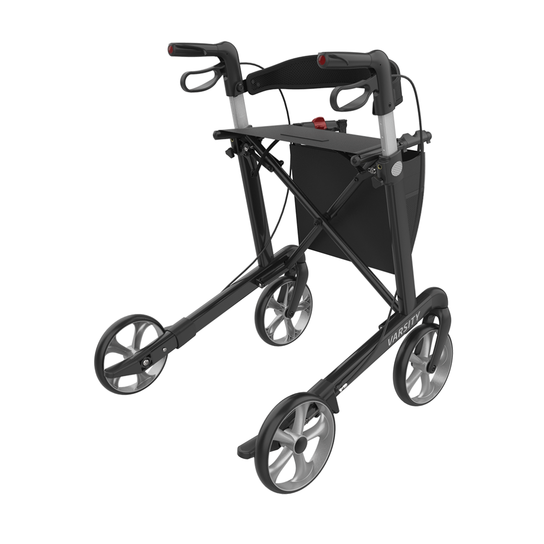 The Rehasense Varsity Folding Aluminum Rollator has four large wheels, ergonomic handles with brakes, a storage pouch under the seat, and a lightweight, foldable design for easy transport.