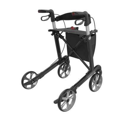 The Rehasense Varsity Folding Aluminum Rollator has four large wheels, ergonomic handles with brakes, a storage pouch under the seat, and a lightweight, foldable design for easy transport.