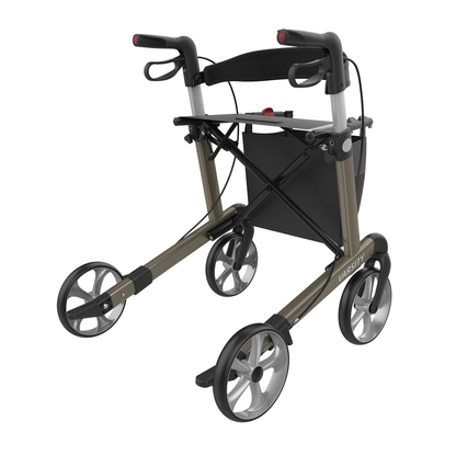 The Rehasense Varsity Folding Aluminum Rollator features four large wheels, ergonomic handles with hand brakes, a black seat with a storage pouch below, and a stylish metallic frame with black accents.