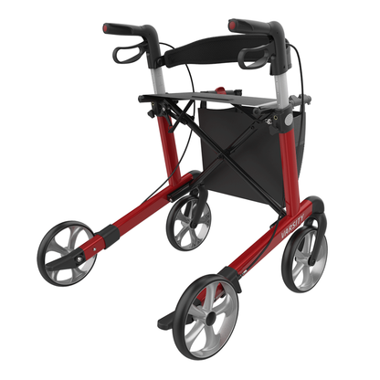 The Rehasense Varsity Folding Aluminum Rollator features a red and black frame, large wheels, hand brakes, a black seat with storage underneath, and a lightweight design for comfortable and convenient mobility assistance.